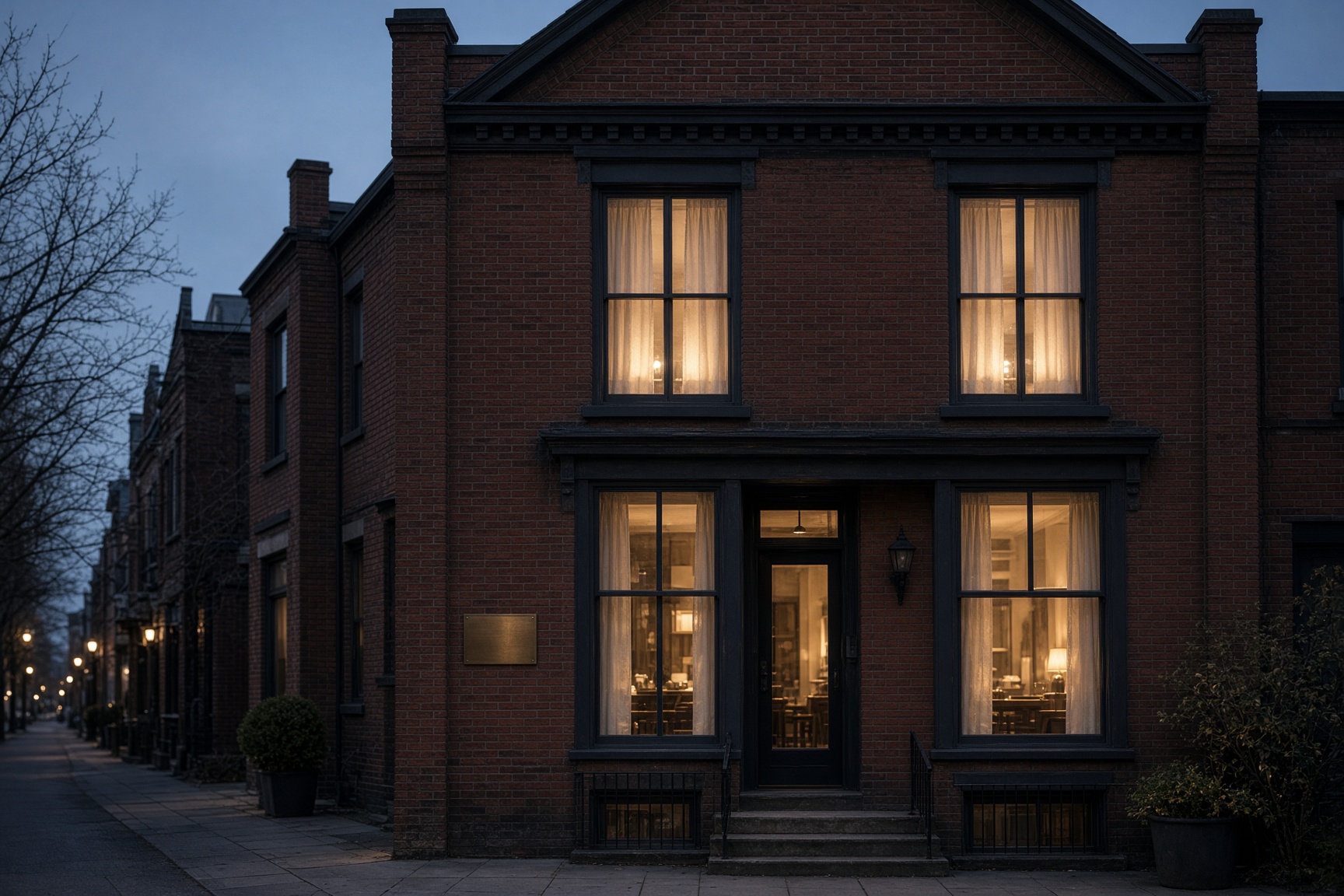 The narrow Victorian townhouse on Portland Street at blue hour. IG:@sararestaurantto