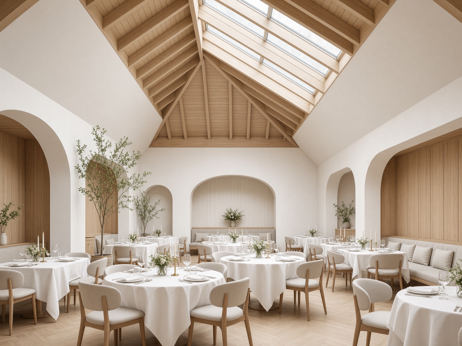 Cathedral A-frame dining room with skylights and pale oak. IG:@sararestaurantto