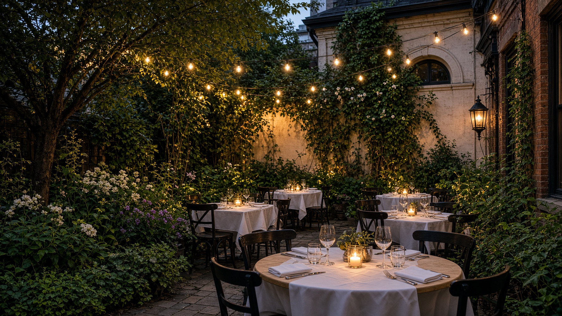 Secluded backyard garden patio with string lights. IG:@sararestaurantto